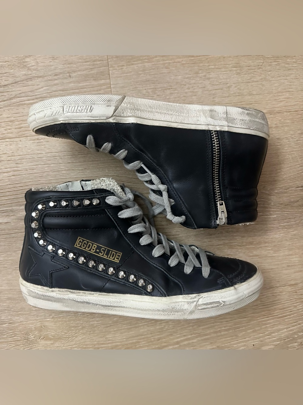 Golden Goose Slide Black Studs High Top Sneakers EU 37 US 7 Calfskin Leather - Picture 3 of 12